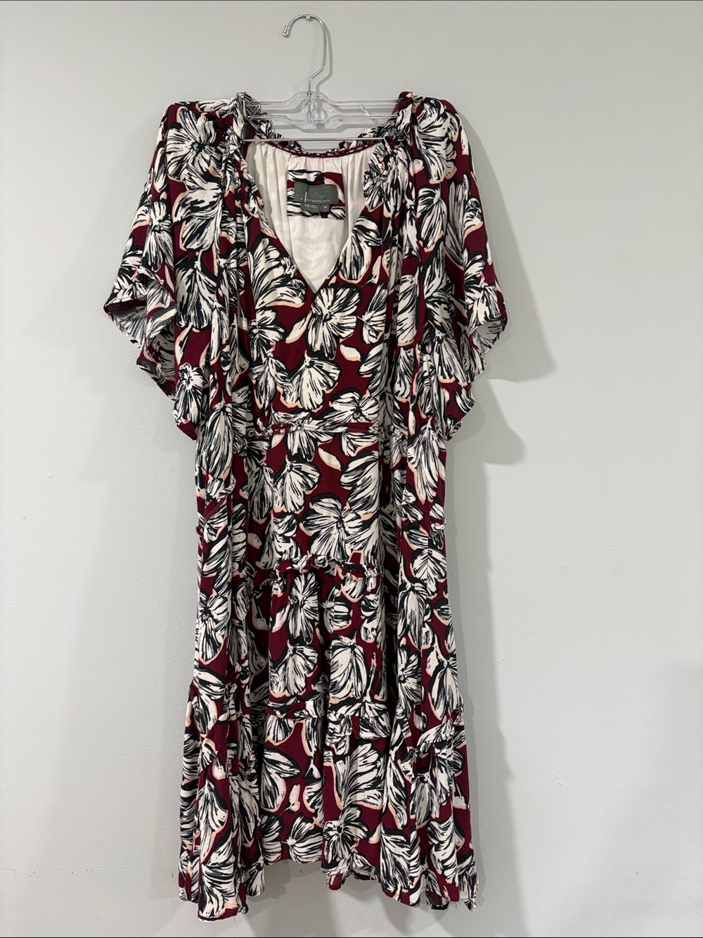 ANTHROPOLOGY BURGUNDY FLORAL V-NECK TIERED MIDI DRESS SIZE XL